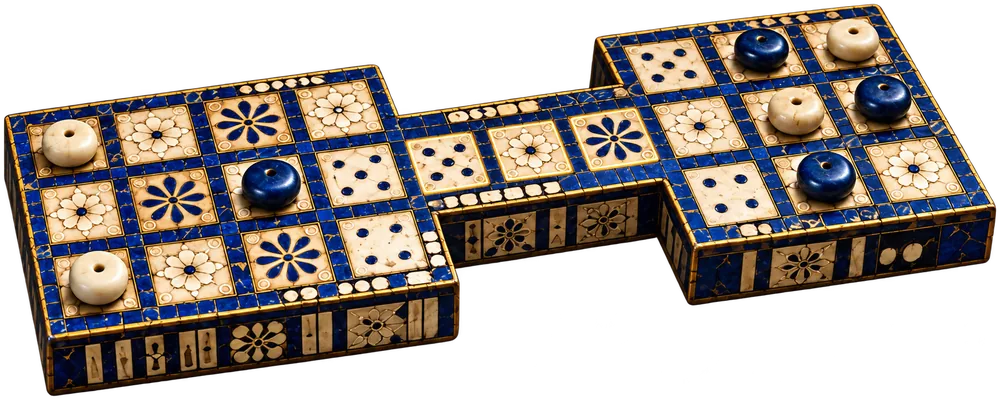 The Royal Game of Ur: a twenty-square board inlaid with lapis lazuli and shell, with blue and ivory counters