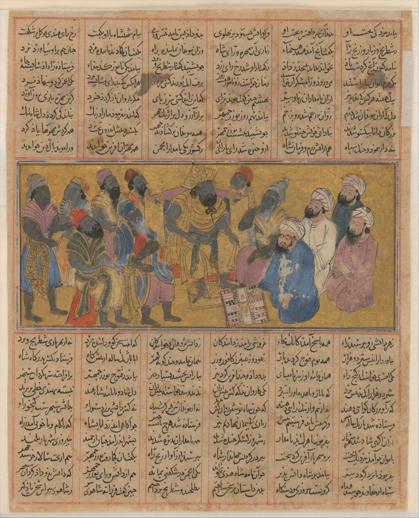 Drawing from a 15th century Shahnameh Illuminated Manuscript showing Bozorgmehr explaining how to play Nard with 2 dice in his hand, and a rather schematic backgammon board. British Library, Manuscript Add MS 5600, folio f.483v.
