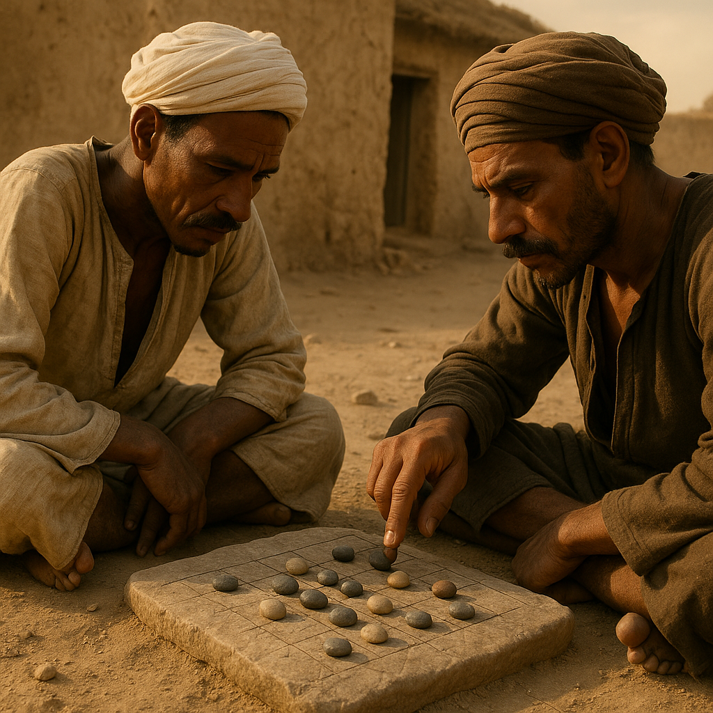 Two men playing Seega on the ground