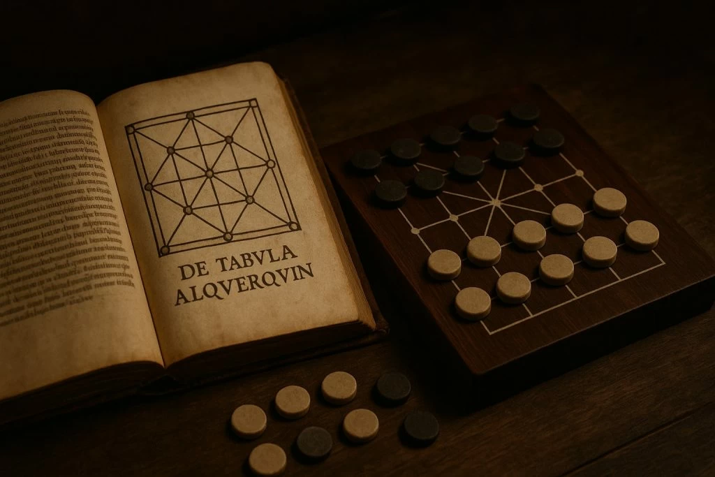 A scholarly still-life scene featuring an open antique book displaying a hand-drawn diagram labeled "De Tabula Alquerque," beside a dark wooden Alquerque board with white grid lines.