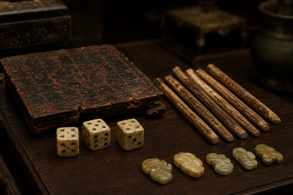 Han dynasty Chinese ivory dice and a Liubo board fragment with the cosmic TLV pattern, museum display