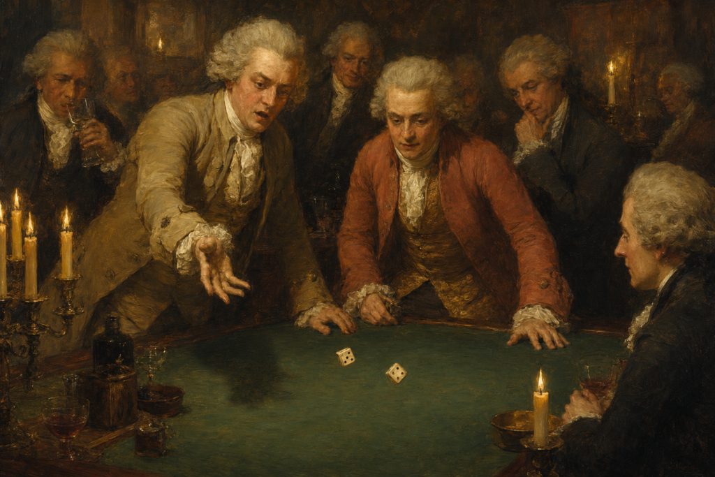 Eighteenth-century English gambling hall with two gentlemen rolling dice on green baize, candlelit