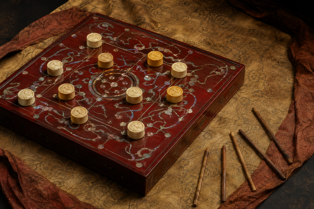 Reconstructed Mawangdui Liubo board with twelve carved bone playing pieces and six bamboo throwing sticks