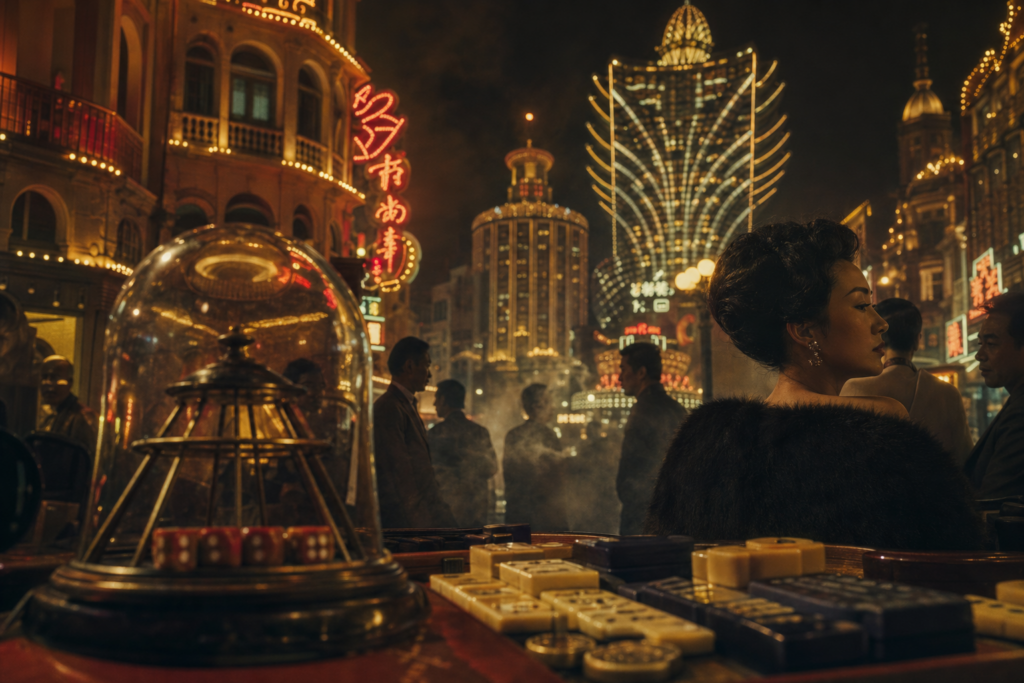 1970s Macau gambling district at night with neon Portuguese-Chinese signage and the Hotel Lisboa facade