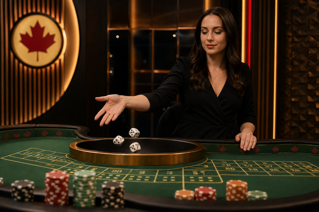 Live-dealer Sic Bo table at a Canadian online casino with subtle maple-leaf trim