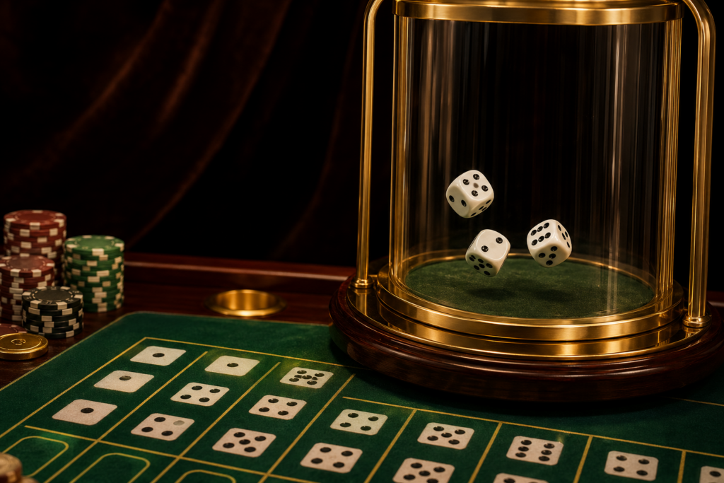 Modern Sic Bo dice cage with three white dice and a green baize betting layout