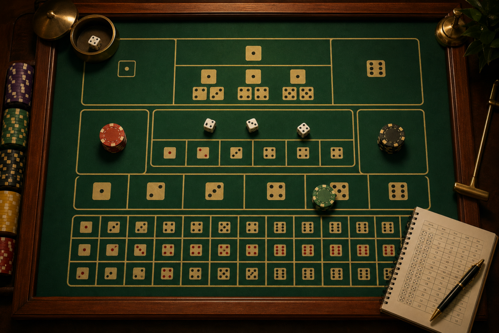 Overhead view of a Sic Bo betting layout with three dice and casino chips on Big, Small and Total squares