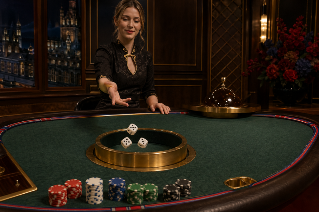 Live-dealer Sic Bo table at a UK Mayfair-style casino studio with mahogany and brass details