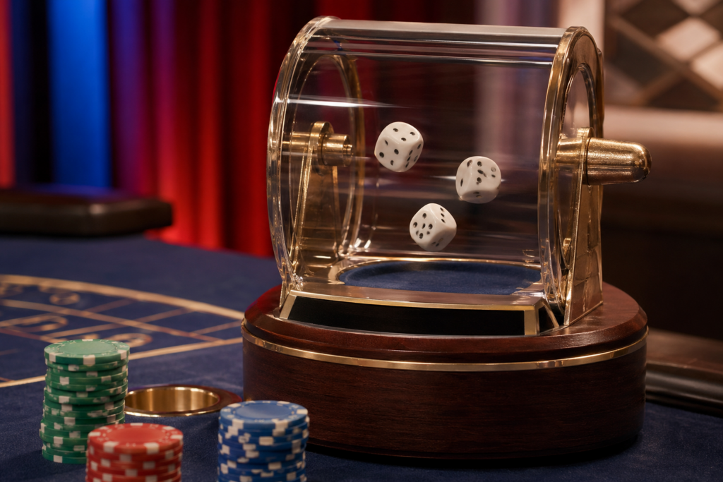 Sic Bo dice cage at a U.S. social casino studio table with chips in foreground