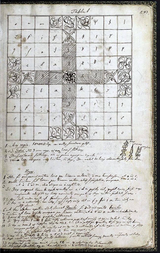 Tablut board and rules drawn in Carl Linnaeus's 1732 Iter Lapponicum manuscript